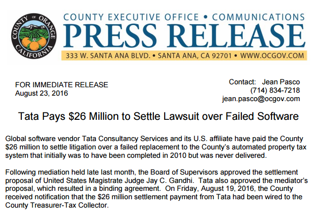 OC v. TCS, a software project failure case